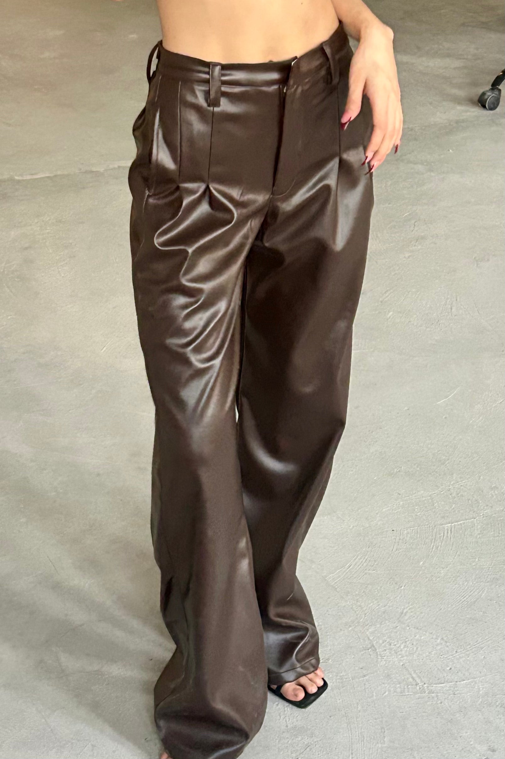 Brown pleated leather pants