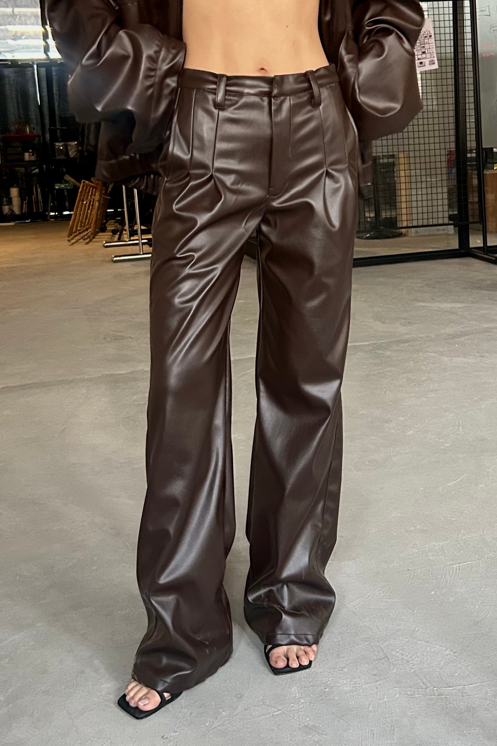 Brown pleated leather pants